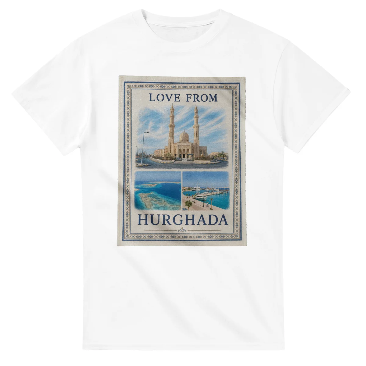 Framed scenic design for Hurghada, with several local views, a decorative border and LOVE FROM lettering.
