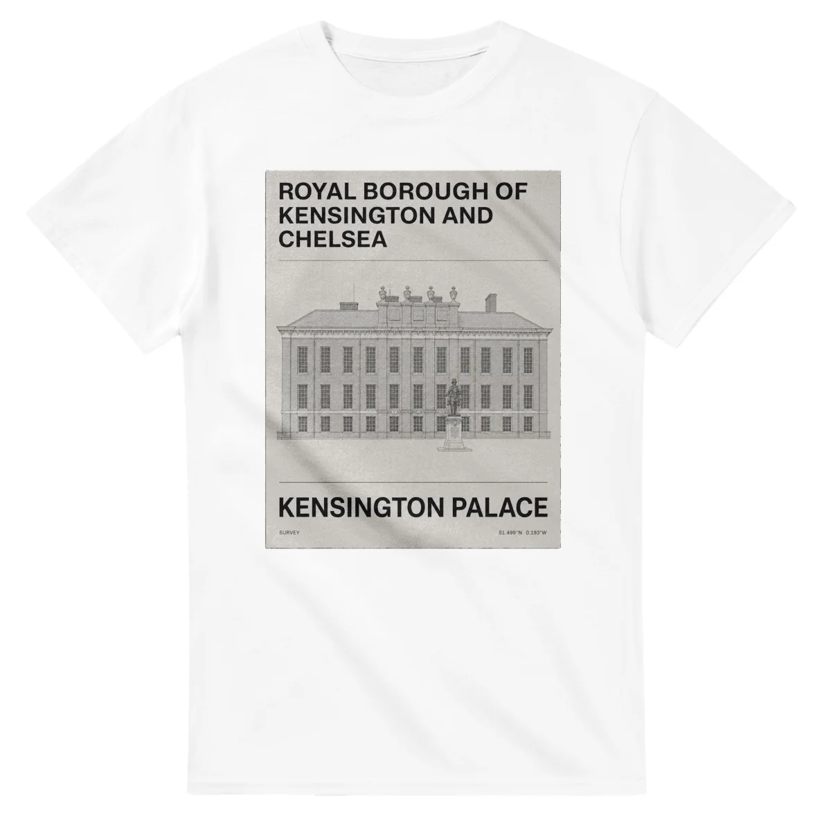Fine-line engraving-style drawing for Royal Borough of Kensington and Chelsea, with a landmark caption and small coordinate text.