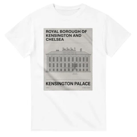 Fine-line engraving-style drawing for Royal Borough of Kensington and Chelsea, with a landmark caption and small coordinate text.