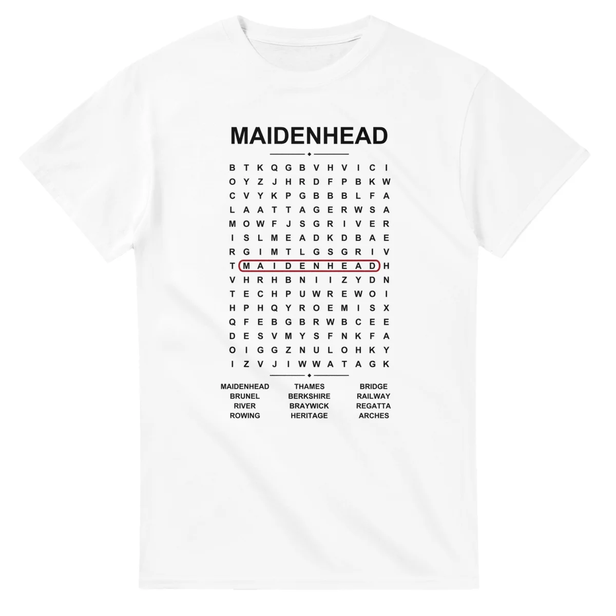 Word-search sheet for Maidenhead, with a large place-name heading, a letter grid, a local answer list, and a red highlighted example word.