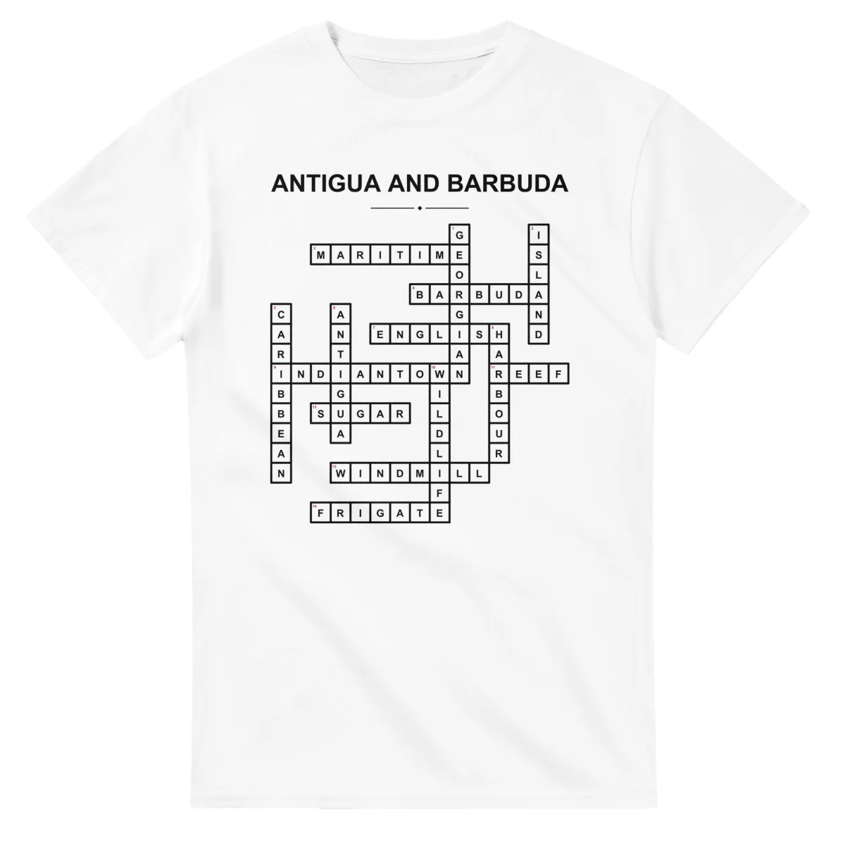 Monochrome crossword sheet for Antigua and Barbuda, with a large place-name heading, a letter grid, and numbered across and down clues.