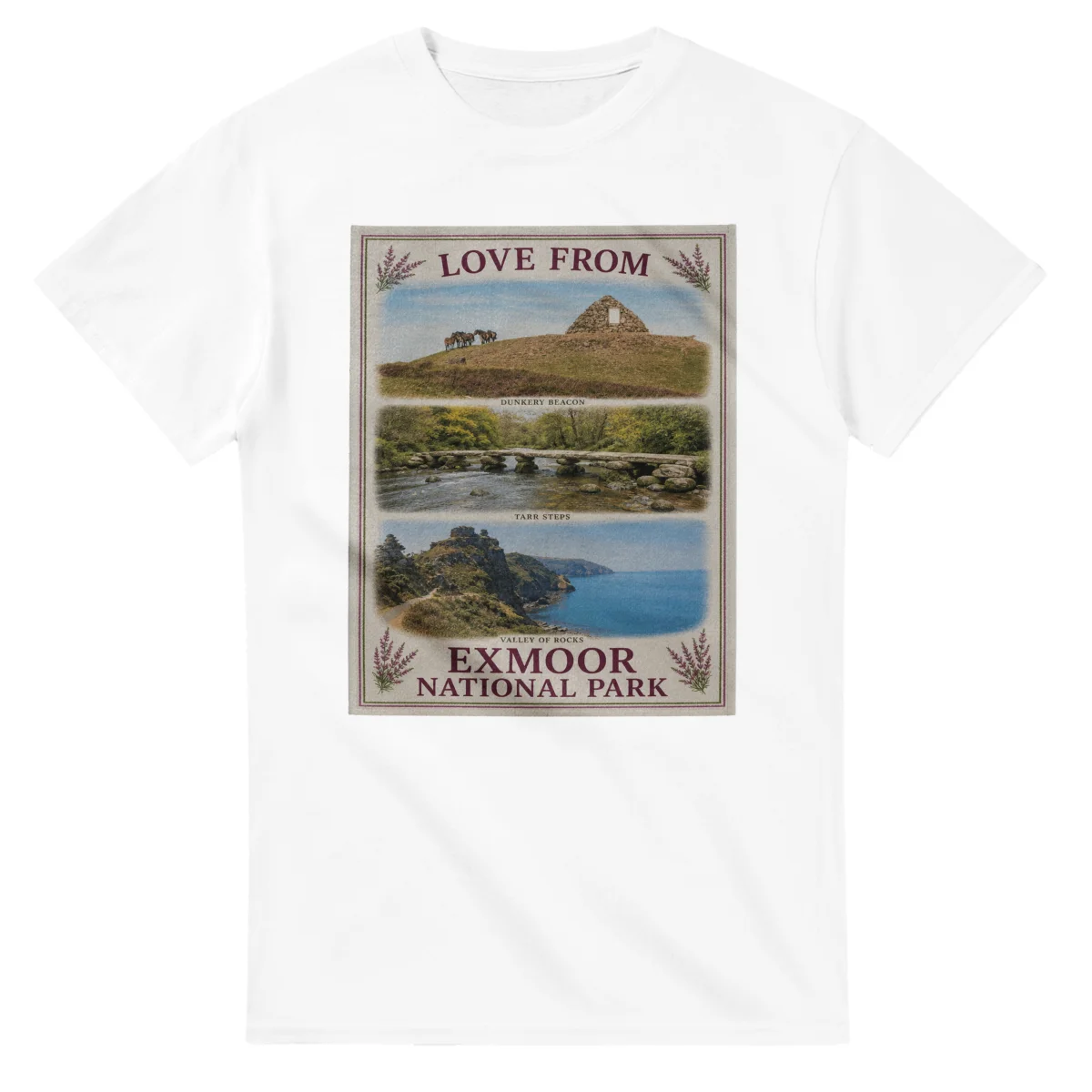 Framed scenic design for Exmoor National Park, with several local views, a decorative border and LOVE FROM lettering.