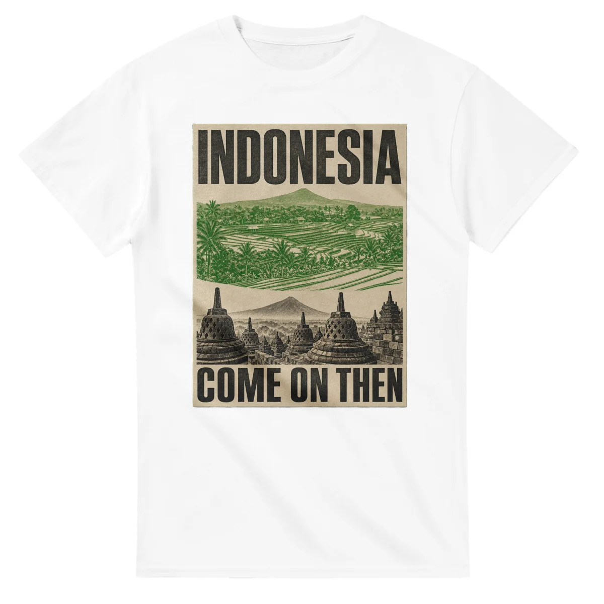 Two-colour scenic illustration for Indonesia, with the place name and COME ON THEN lettering.