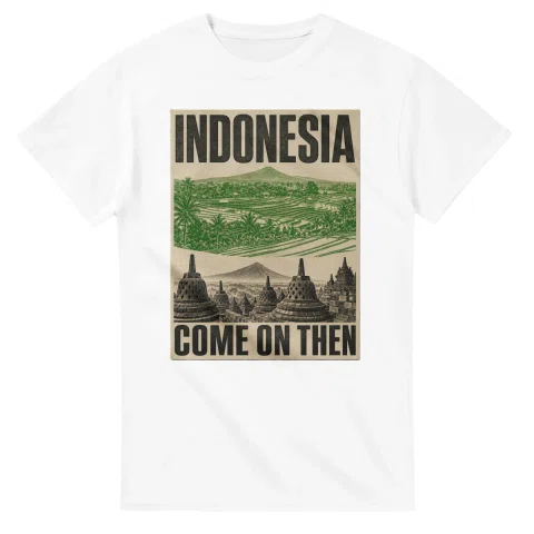 Two-colour scenic illustration for Indonesia, with the place name and COME ON THEN lettering.
