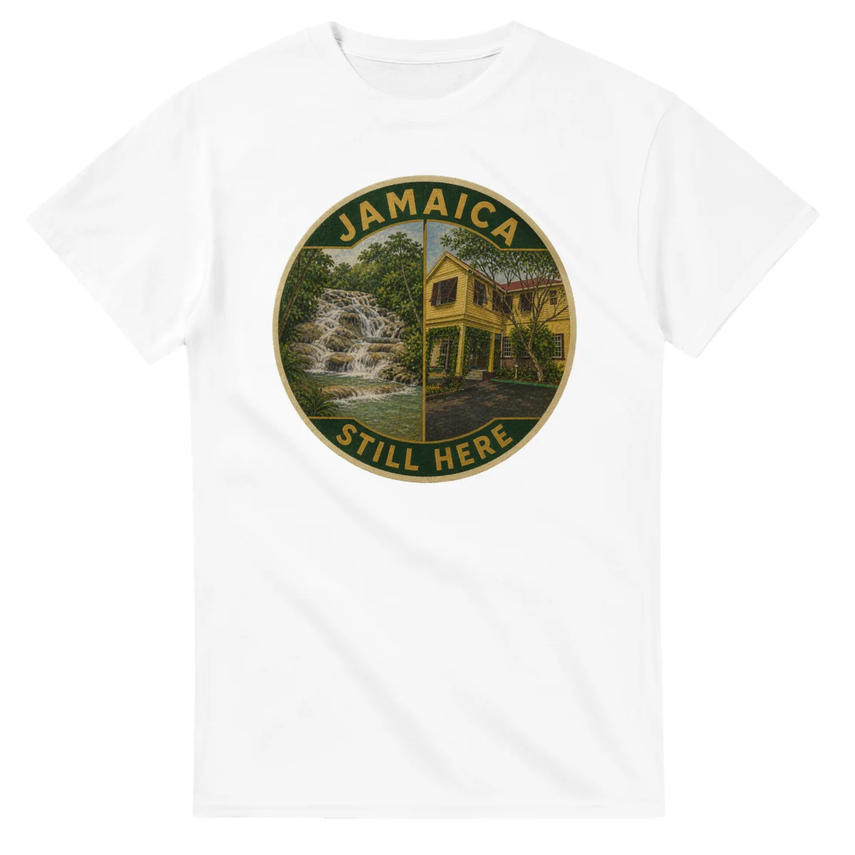 Painted, panelled scenic illustration for Jamaica, with paired local scenes and the place name in lettering.