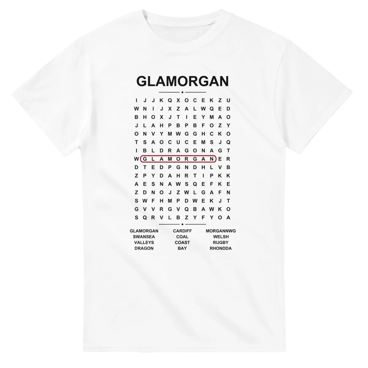 Word-search sheet for Glamorgan, with a large place-name heading, a letter grid, a local answer list, and a red highlighted example word.
