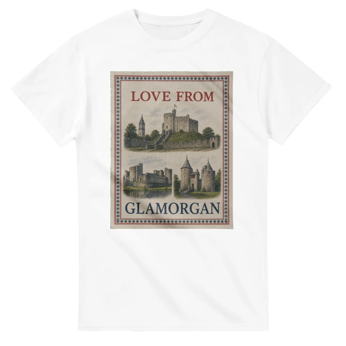 Framed scenic design for Glamorgan, with several local views, a decorative border and LOVE FROM lettering.