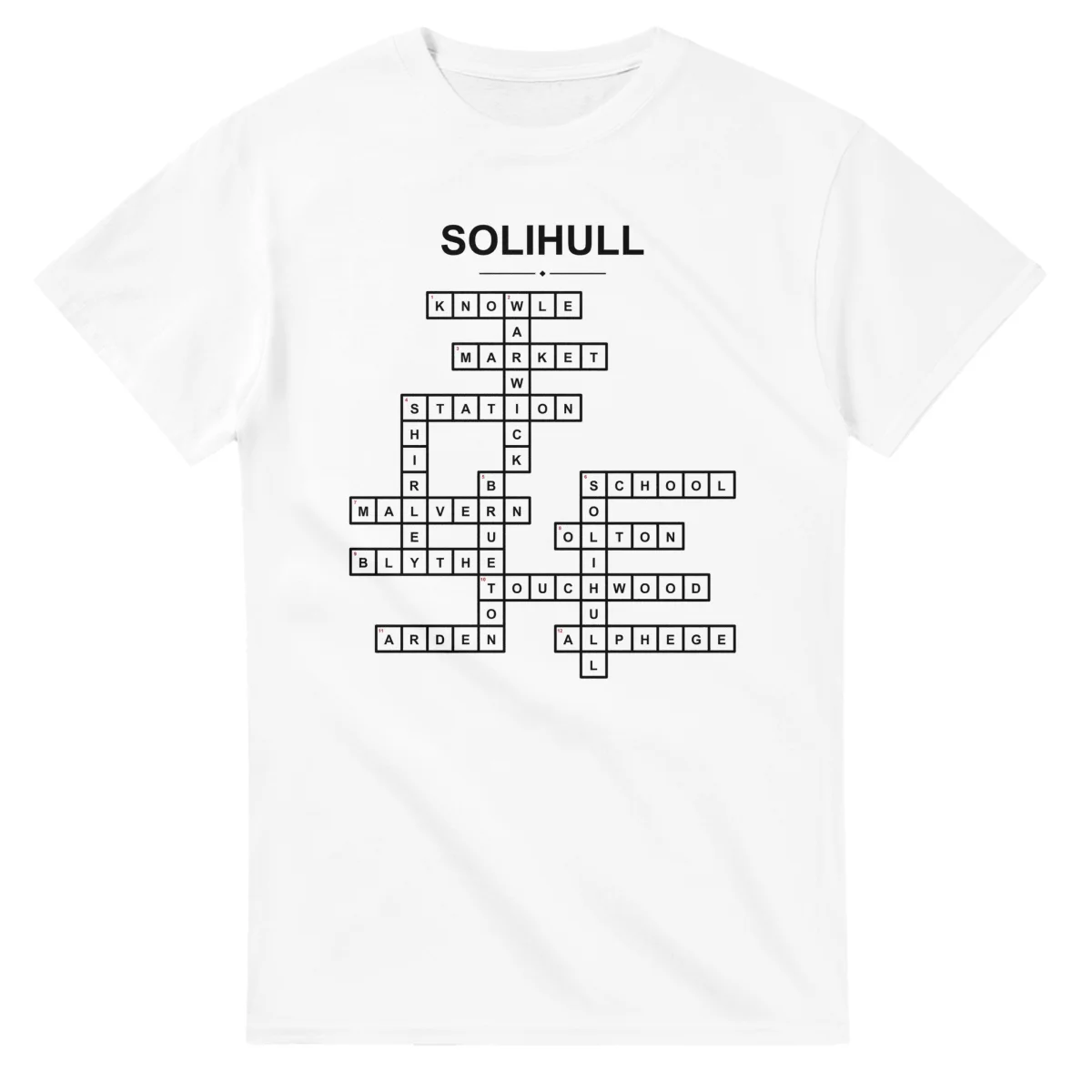 Monochrome crossword sheet for Solihull, with a large place-name heading, a letter grid, and numbered across and down clues.