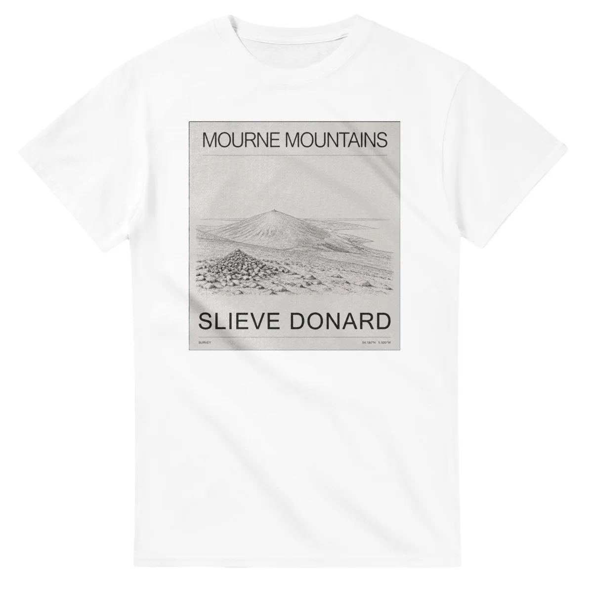 Fine-line engraving-style drawing for Mourne Mountains, with a landmark caption and small coordinate text.