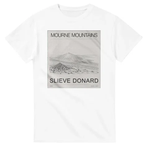 Fine-line engraving-style drawing for Mourne Mountains, with a landmark caption and small coordinate text.