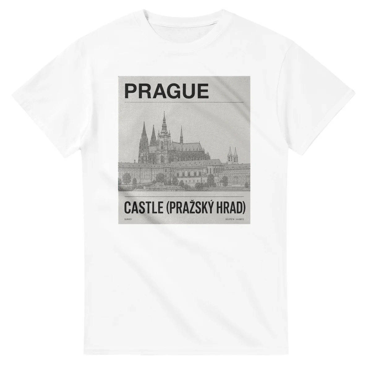 Fine-line engraving-style drawing for Prague, with a landmark caption and small coordinate text.