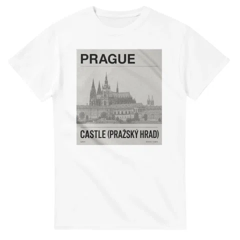 Fine-line engraving-style drawing for Prague, with a landmark caption and small coordinate text.