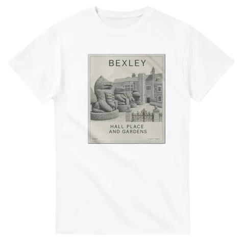 Fine-line engraving-style drawing for London Borough of Bexley, with a landmark caption and small coordinate text.