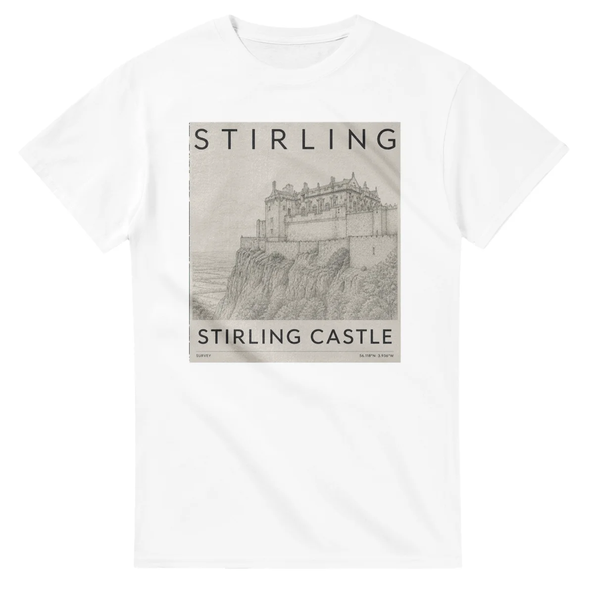 Fine-line engraving-style drawing for Stirling, with a landmark caption and small coordinate text.