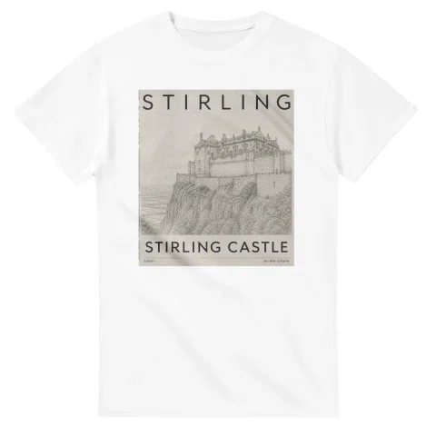Fine-line engraving-style drawing for Stirling, with a landmark caption and small coordinate text.