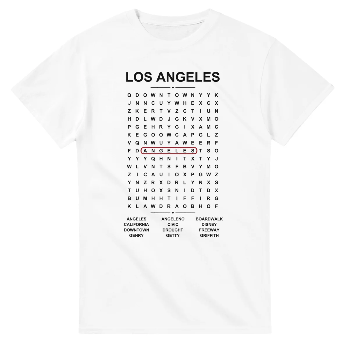 Word-search sheet for Los Angeles, with a large place-name heading, a letter grid, a local answer list, and a red highlighted example word.