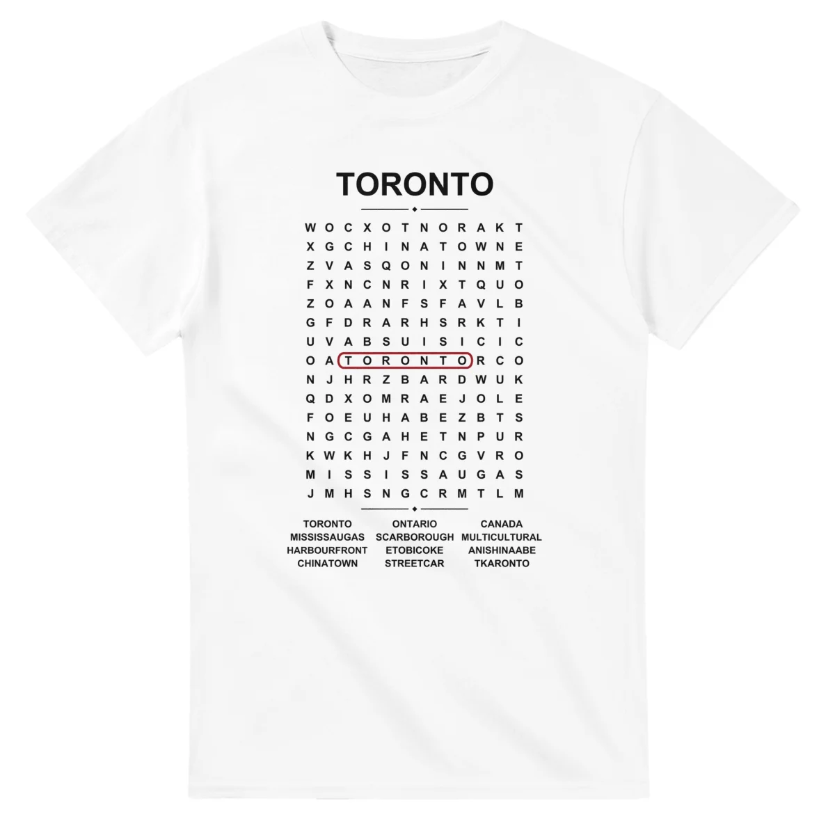 Word-search sheet for Toronto, with a large place-name heading, a letter grid, a local answer list, and a red highlighted example word.