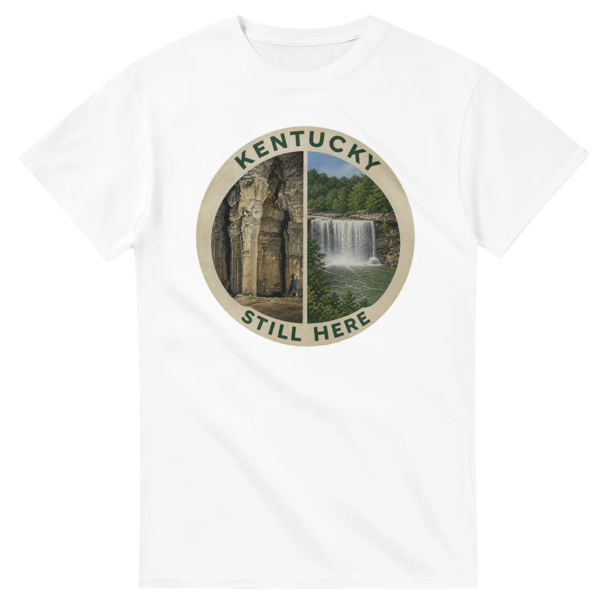 Painted, panelled scenic illustration for Kentucky, with paired local scenes and the place name in lettering.
