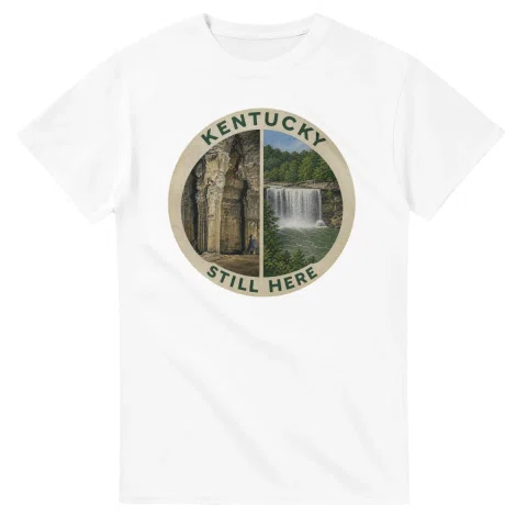 Painted, panelled scenic illustration for Kentucky, with paired local scenes and the place name in lettering.