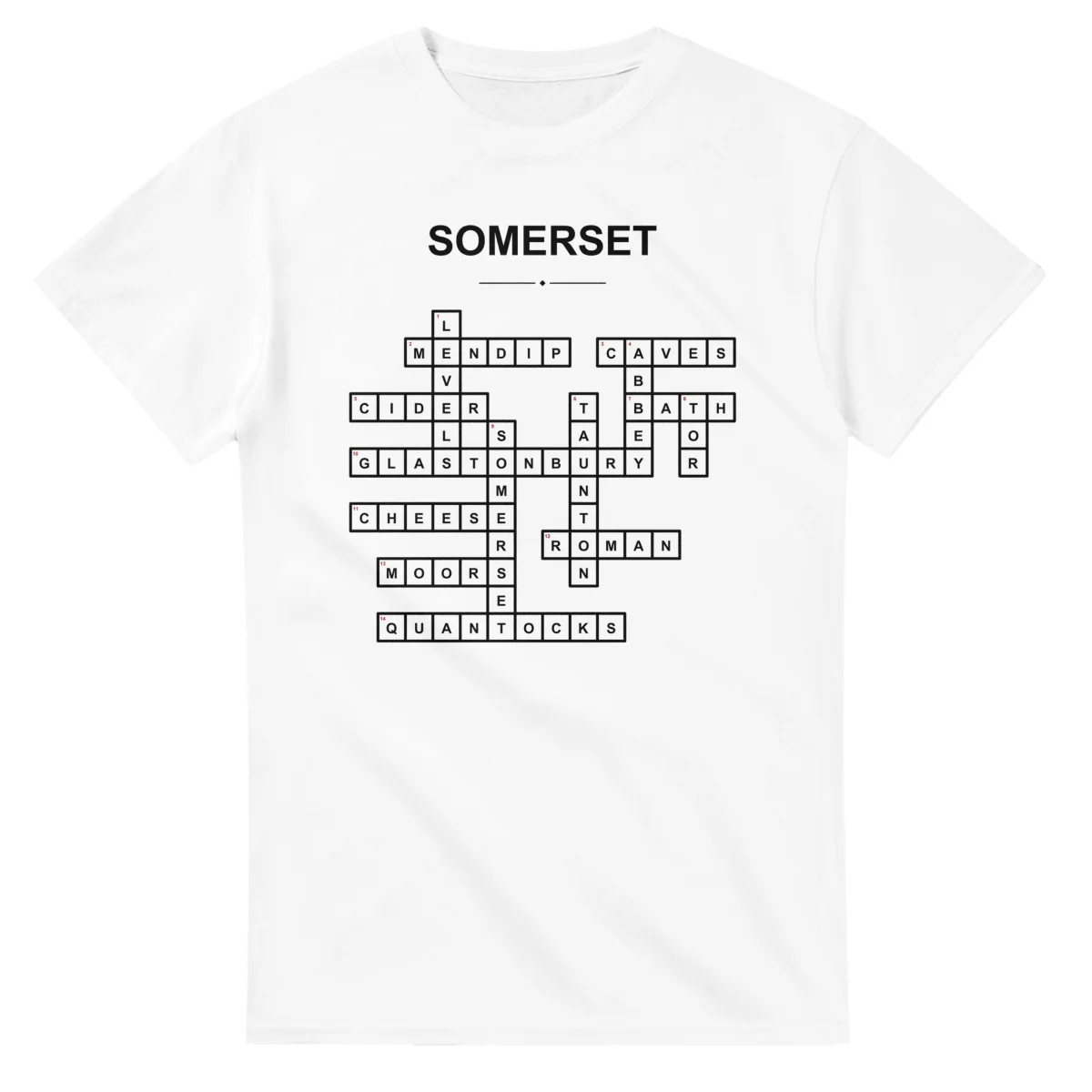 Monochrome crossword sheet for Somerset, with a large place-name heading, a letter grid, and numbered across and down clues.