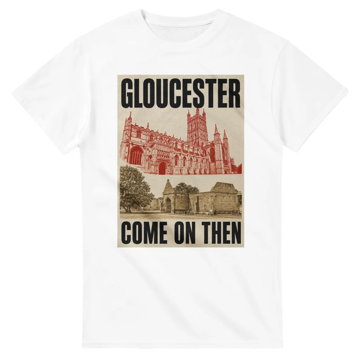 Two-colour scenic illustration for Gloucester, with the place name and COME ON THEN lettering.