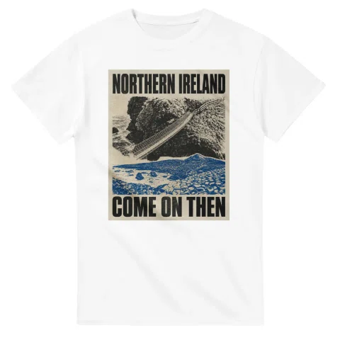 Two-colour scenic illustration for Northern Ireland, with the place name and COME ON THEN lettering.