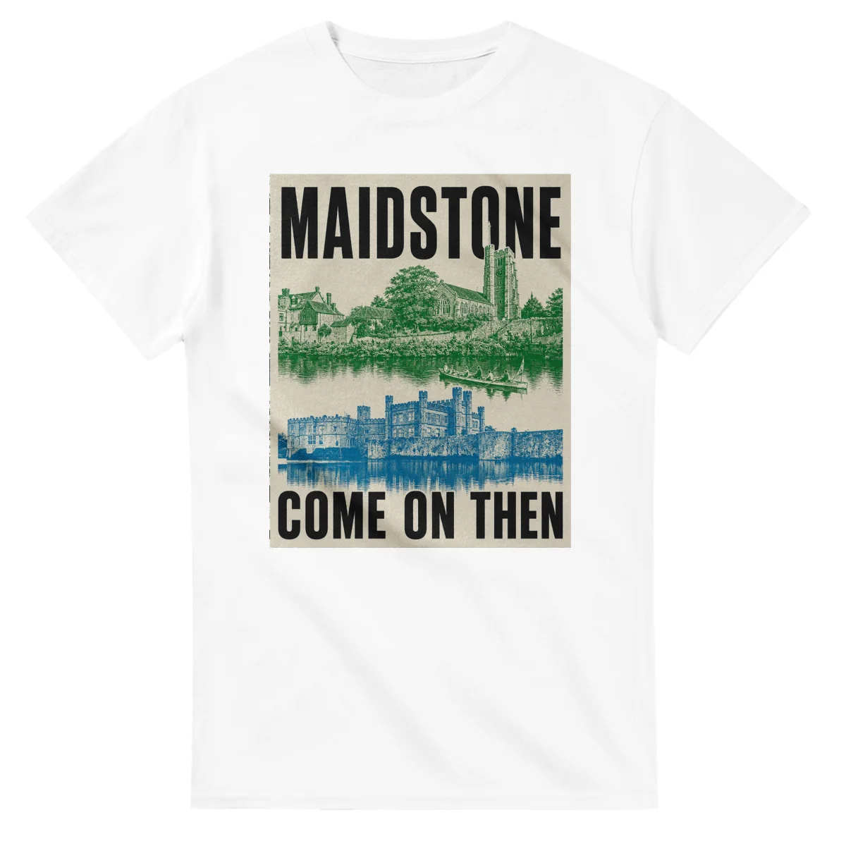 Two-colour scenic illustration for Maidstone, with the place name and COME ON THEN lettering.