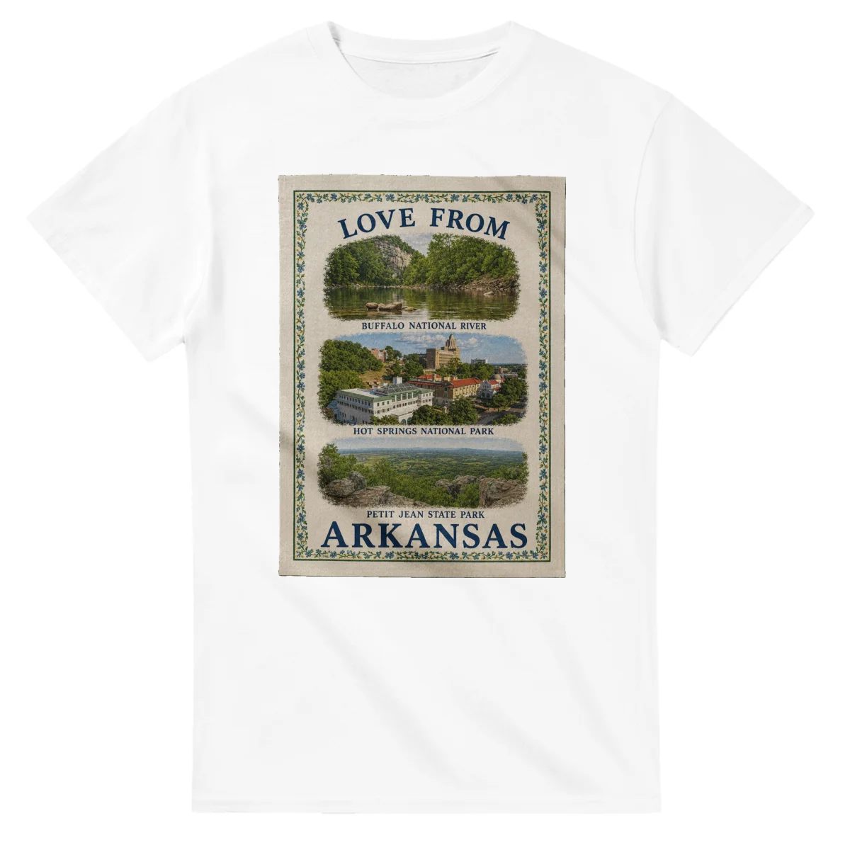 Framed scenic design for Arkansas, with several local views, a decorative border and LOVE FROM lettering.