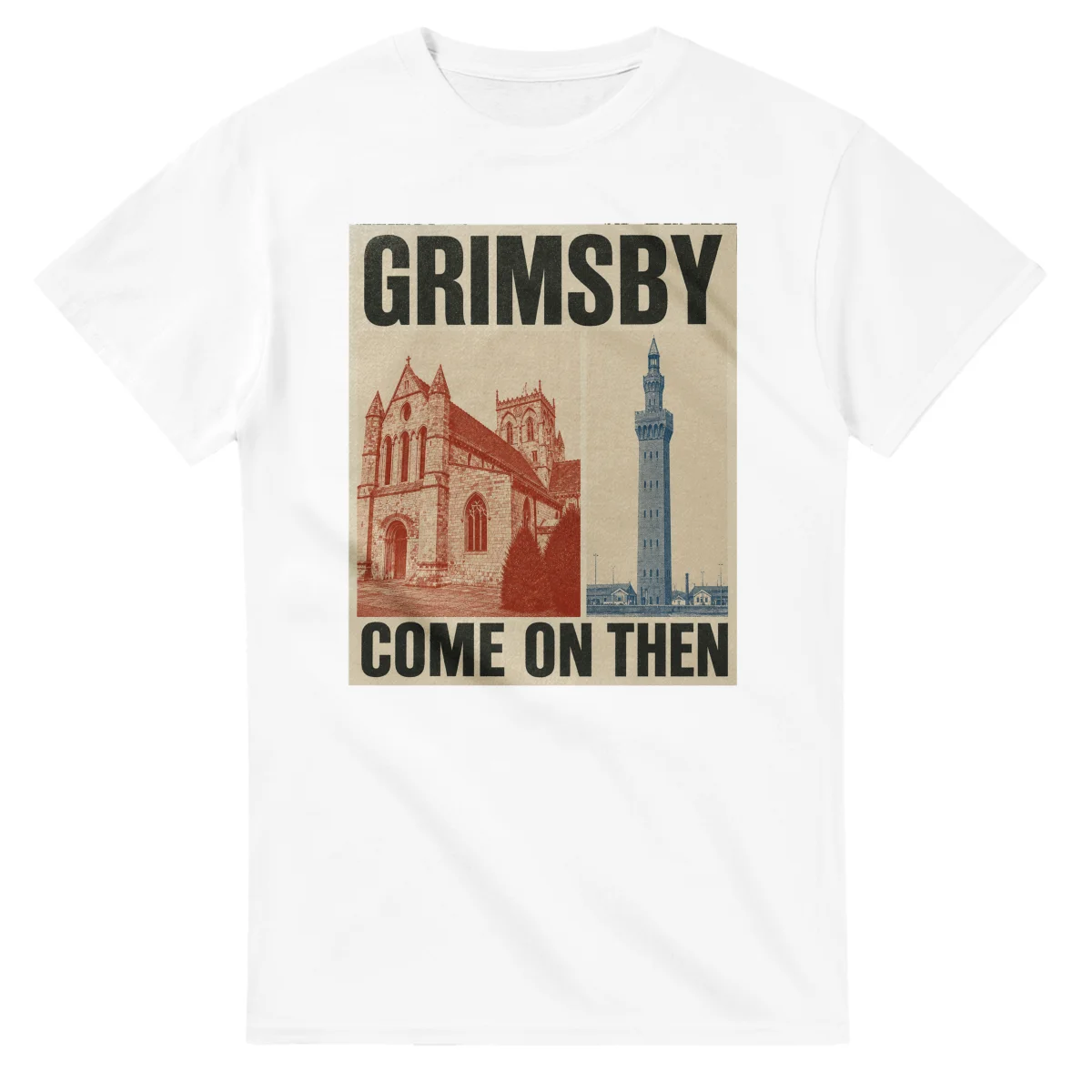 Two-colour scenic illustration for Grimsby, with the place name and COME ON THEN lettering.