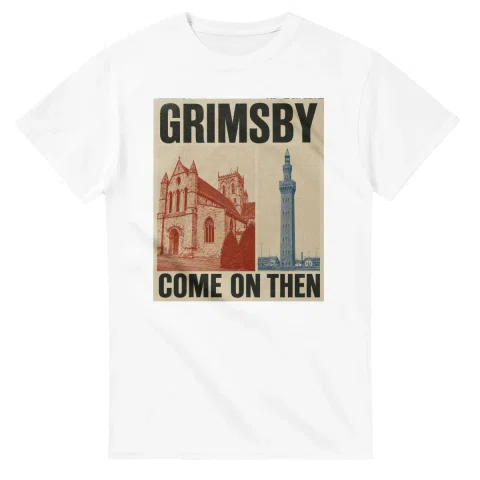 Two-colour scenic illustration for Grimsby, with the place name and COME ON THEN lettering.