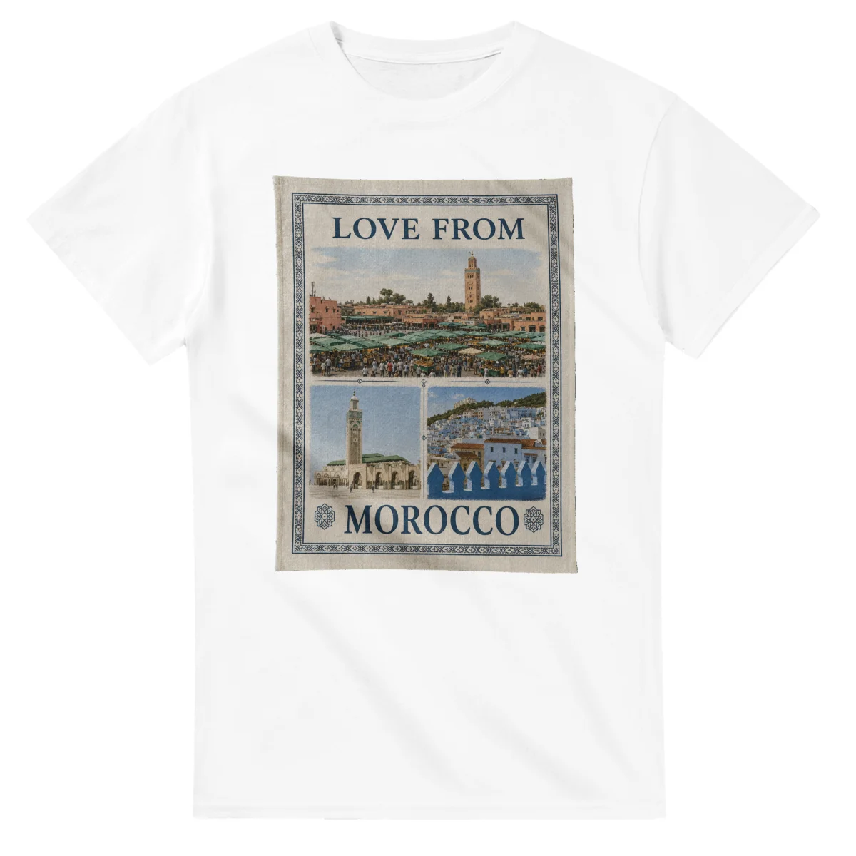 Framed scenic design for Morocco, with several local views, a decorative border and LOVE FROM lettering.