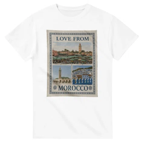 Framed scenic design for Morocco, with several local views, a decorative border and LOVE FROM lettering.