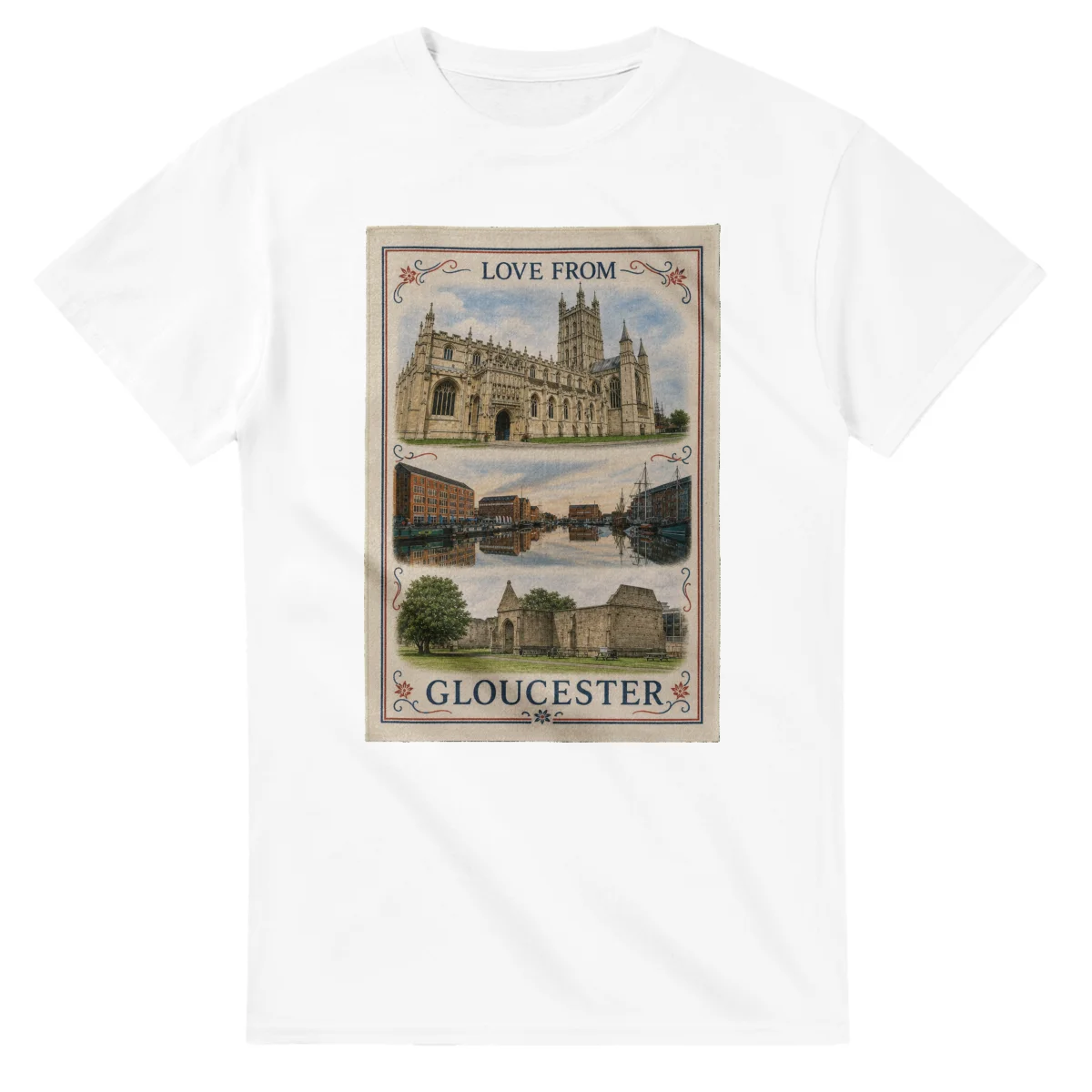 Framed scenic design for Gloucester, with several local views, a decorative border and LOVE FROM lettering.