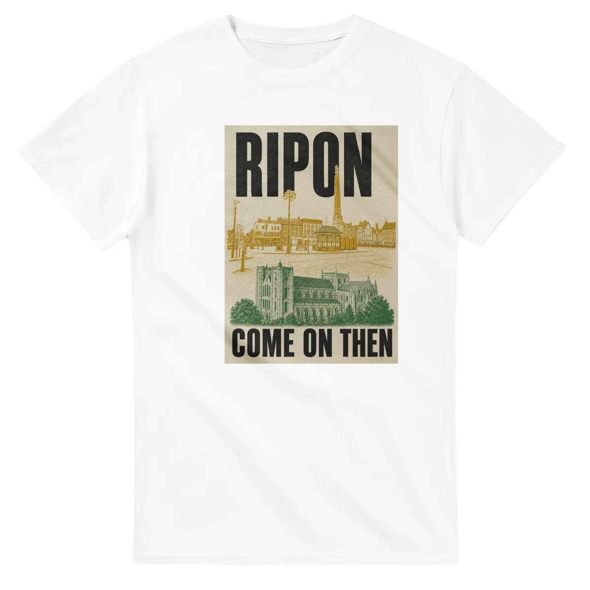 Two-colour scenic illustration for Ripon, with the place name and COME ON THEN lettering.