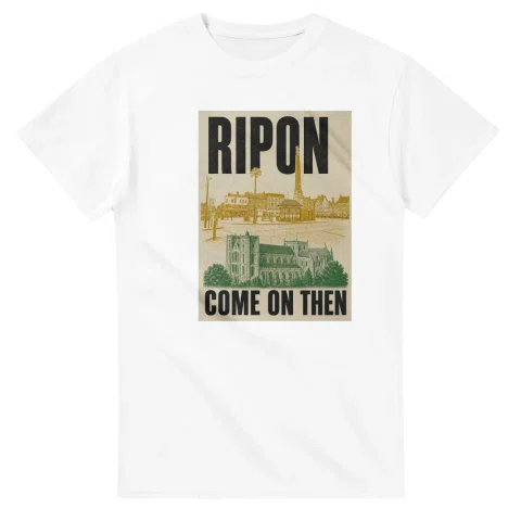 Two-colour scenic illustration for Ripon, with the place name and COME ON THEN lettering.