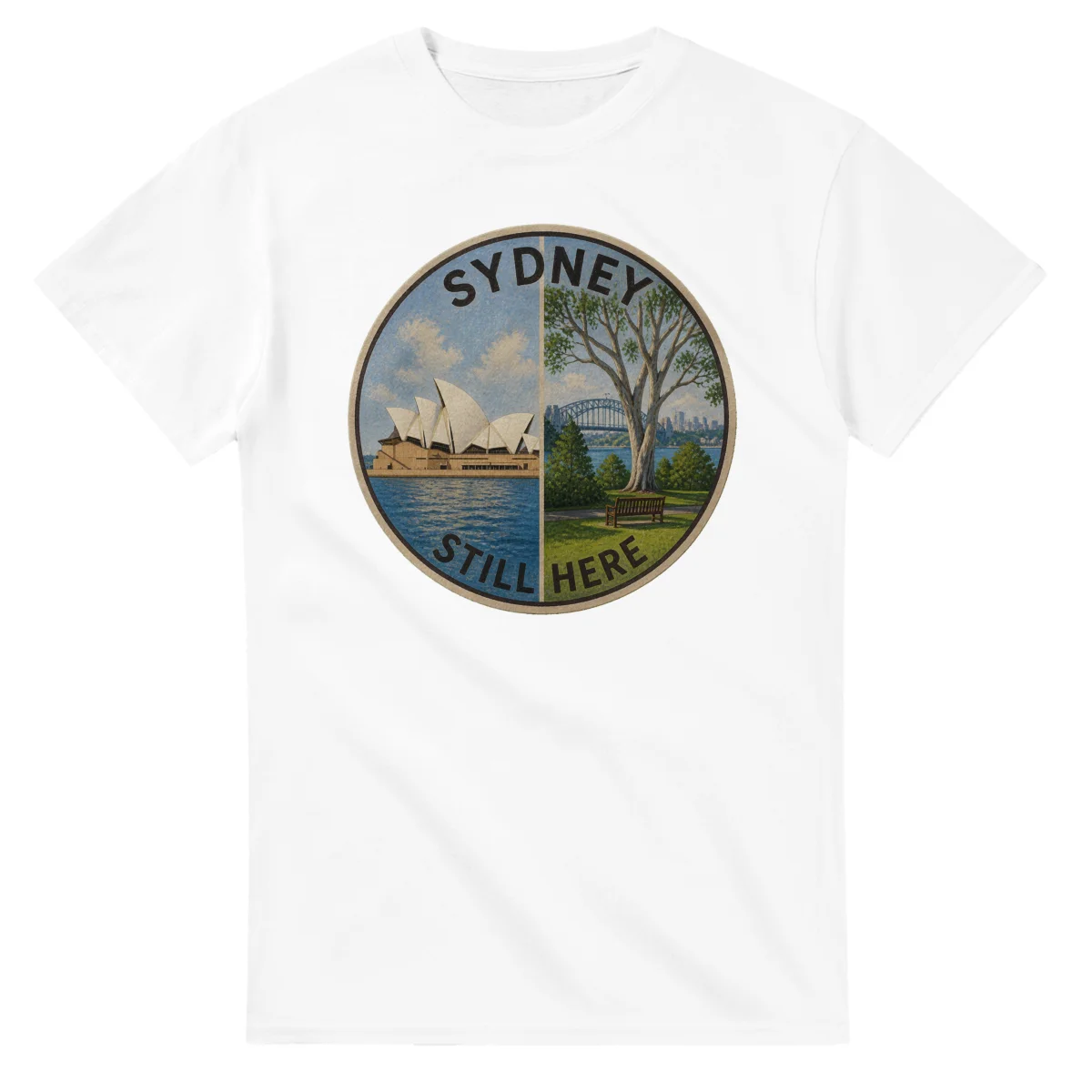 Painted, panelled scenic illustration for Sydney, with paired local scenes and the place name in lettering.