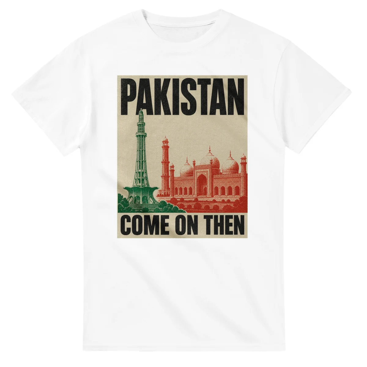 Two-colour scenic illustration for Pakistan, with the place name and COME ON THEN lettering.