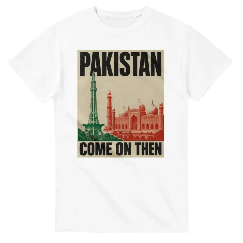 Two-colour scenic illustration for Pakistan, with the place name and COME ON THEN lettering.
