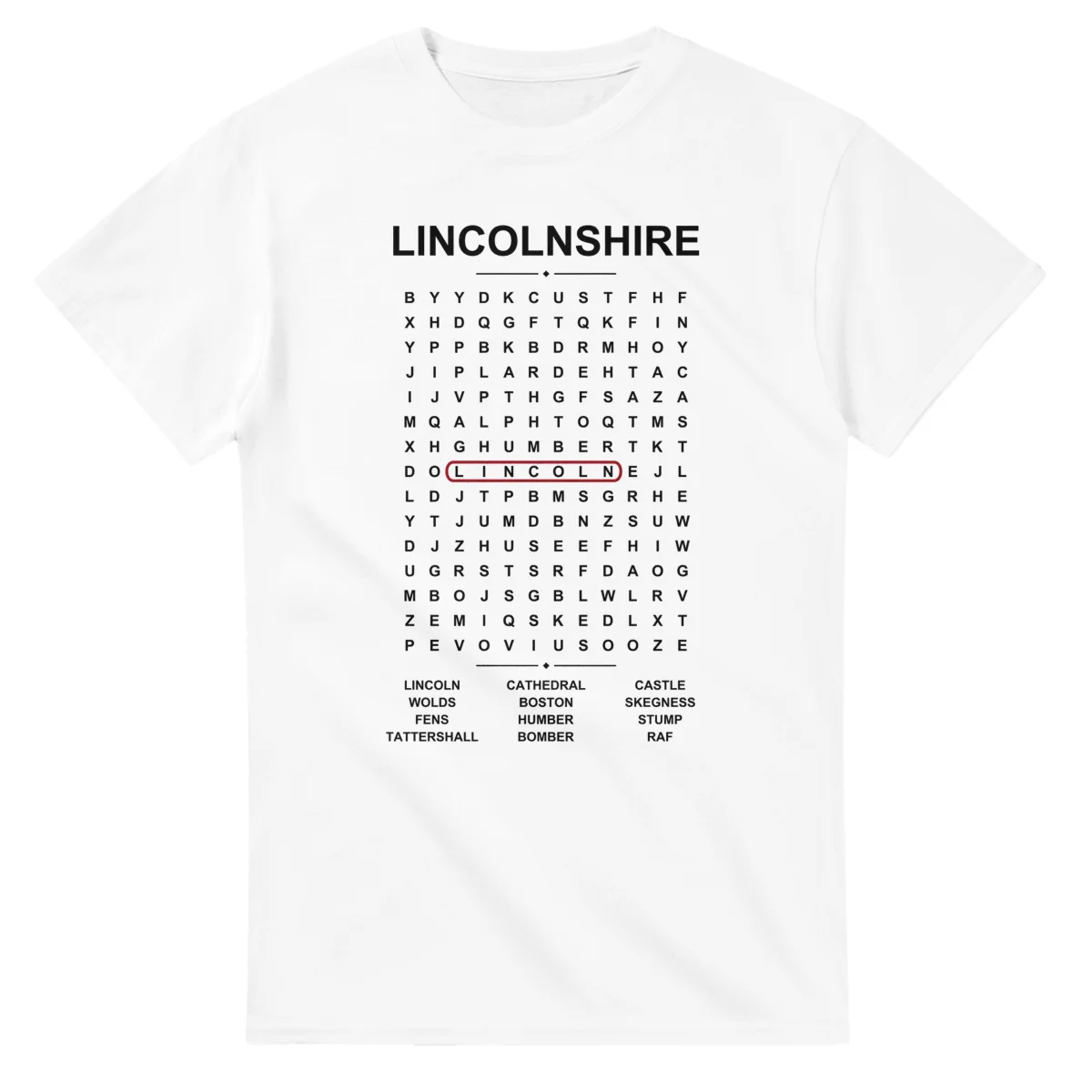 Word-search sheet for Lincolnshire, with a large place-name heading, a letter grid, a local answer list, and a red highlighted example word.