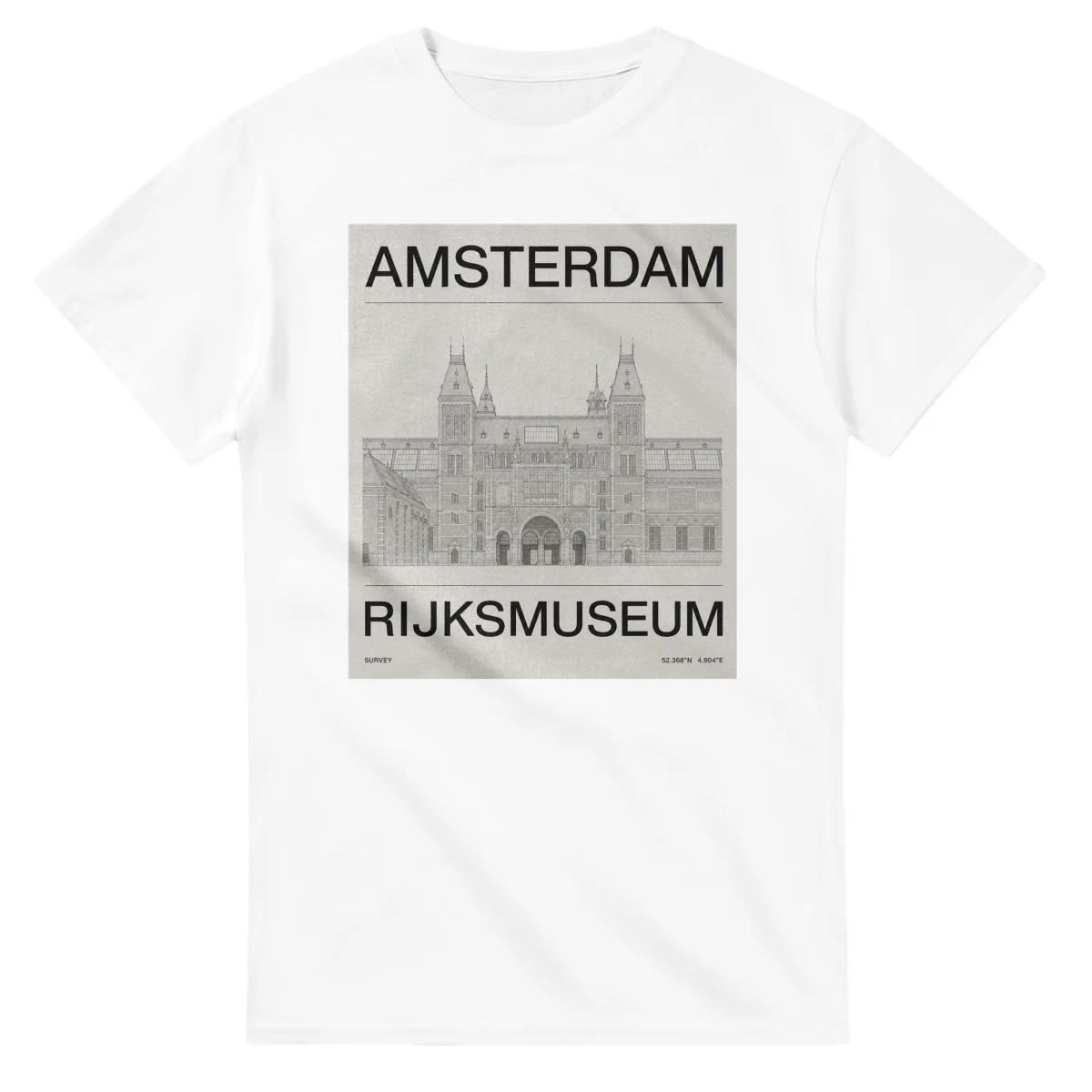 Fine-line engraving-style drawing for Amsterdam, with a landmark caption and small coordinate text.