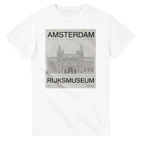 Fine-line engraving-style drawing for Amsterdam, with a landmark caption and small coordinate text.