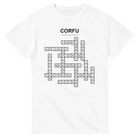 Monochrome crossword sheet for Corfu, with a large place-name heading, a letter grid, and numbered across and down clues.