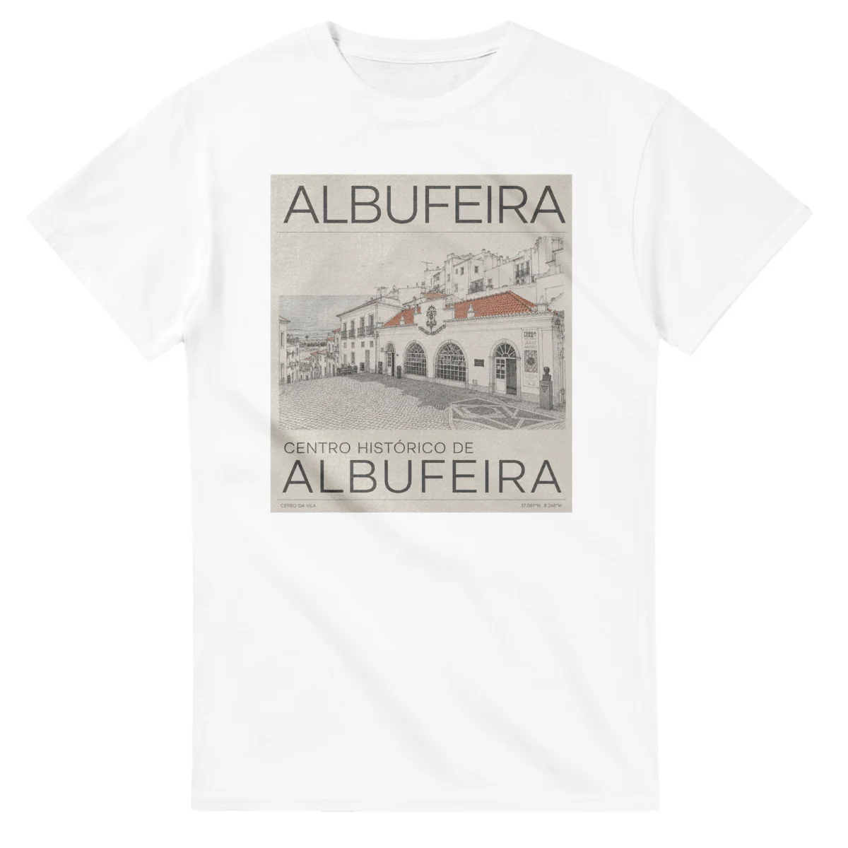 Fine-line engraving-style drawing for Albufeira, with a landmark caption and small coordinate text.