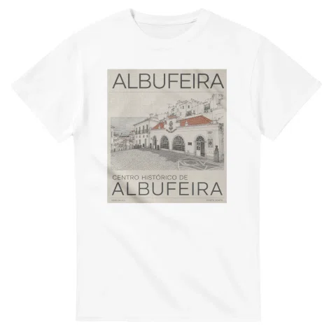 Fine-line engraving-style drawing for Albufeira, with a landmark caption and small coordinate text.