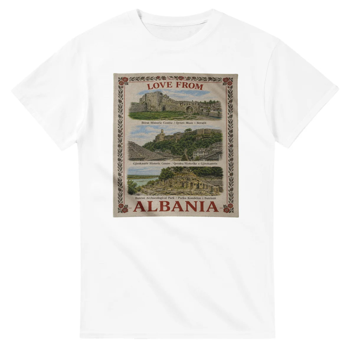 Framed scenic design for Albania, with several local views, a decorative border and LOVE FROM lettering.