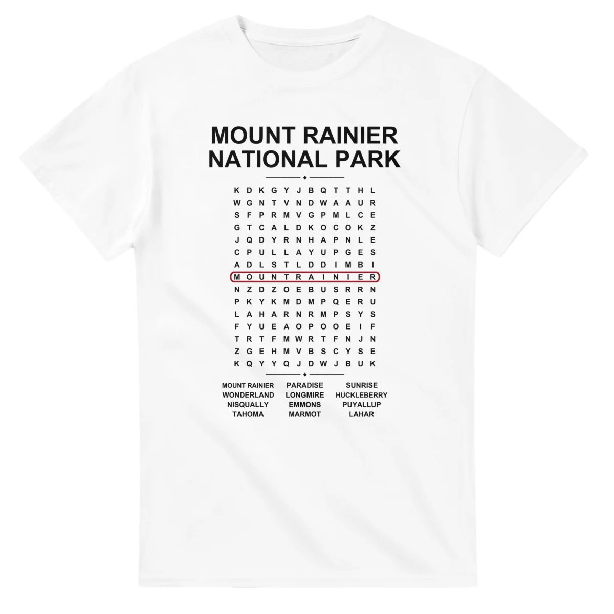 Word-search sheet for Mount Rainier National Park, with a large place-name heading, a letter grid, a local answer list, and a red highlighted example word.