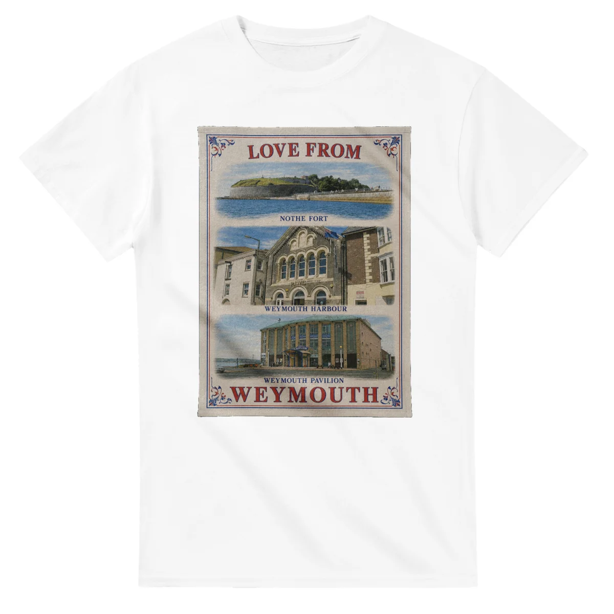 Framed scenic design for Weymouth, with several local views, a decorative border and LOVE FROM lettering.