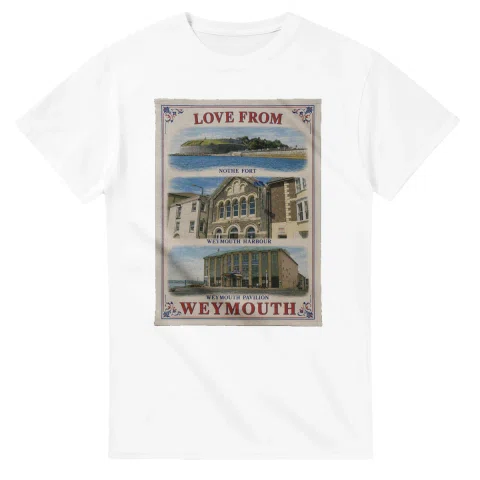 Framed scenic design for Weymouth, with several local views, a decorative border and LOVE FROM lettering.