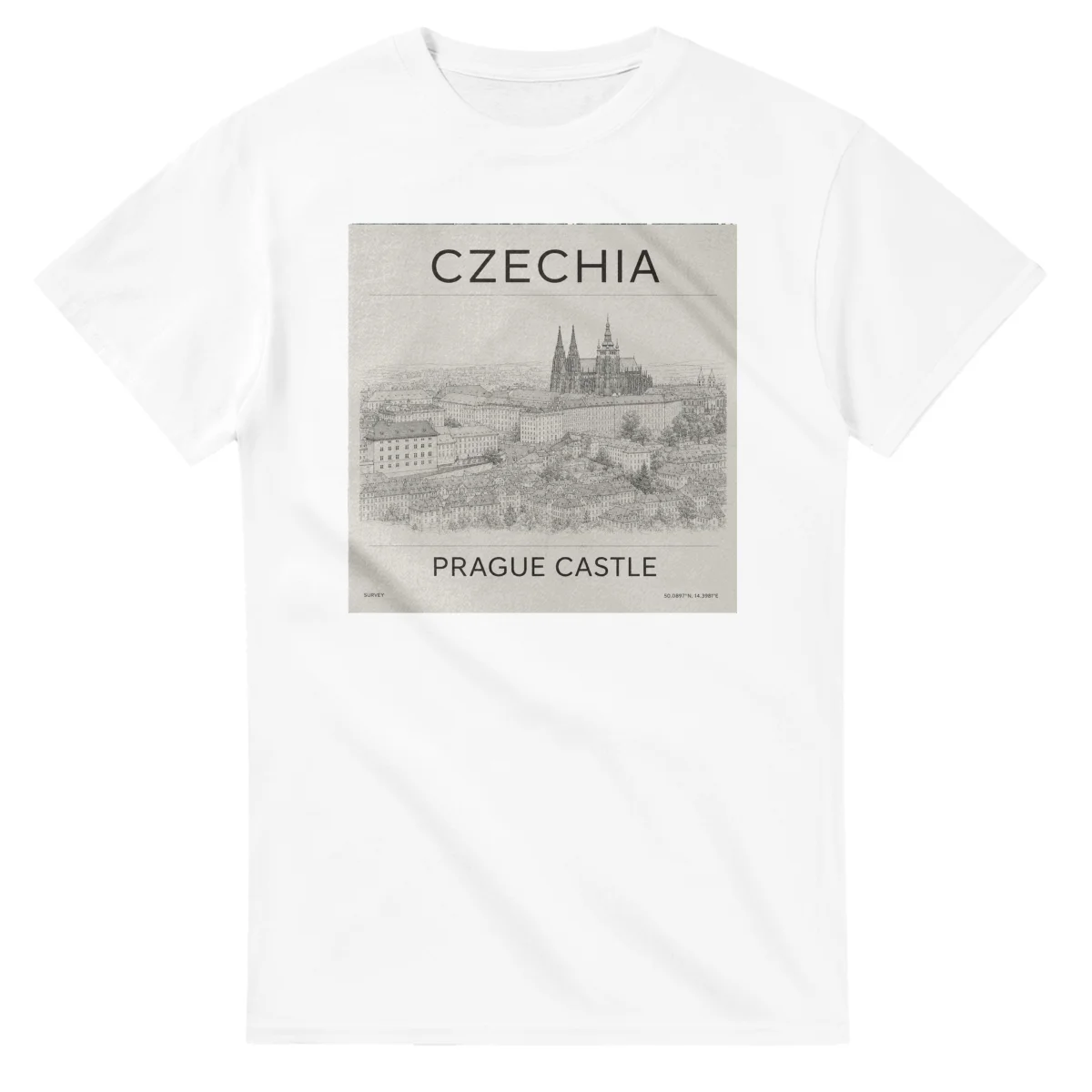 Fine-line engraving-style drawing for Czechia, with a landmark caption and small coordinate text.