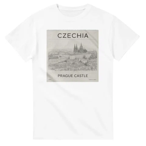 Fine-line engraving-style drawing for Czechia, with a landmark caption and small coordinate text.